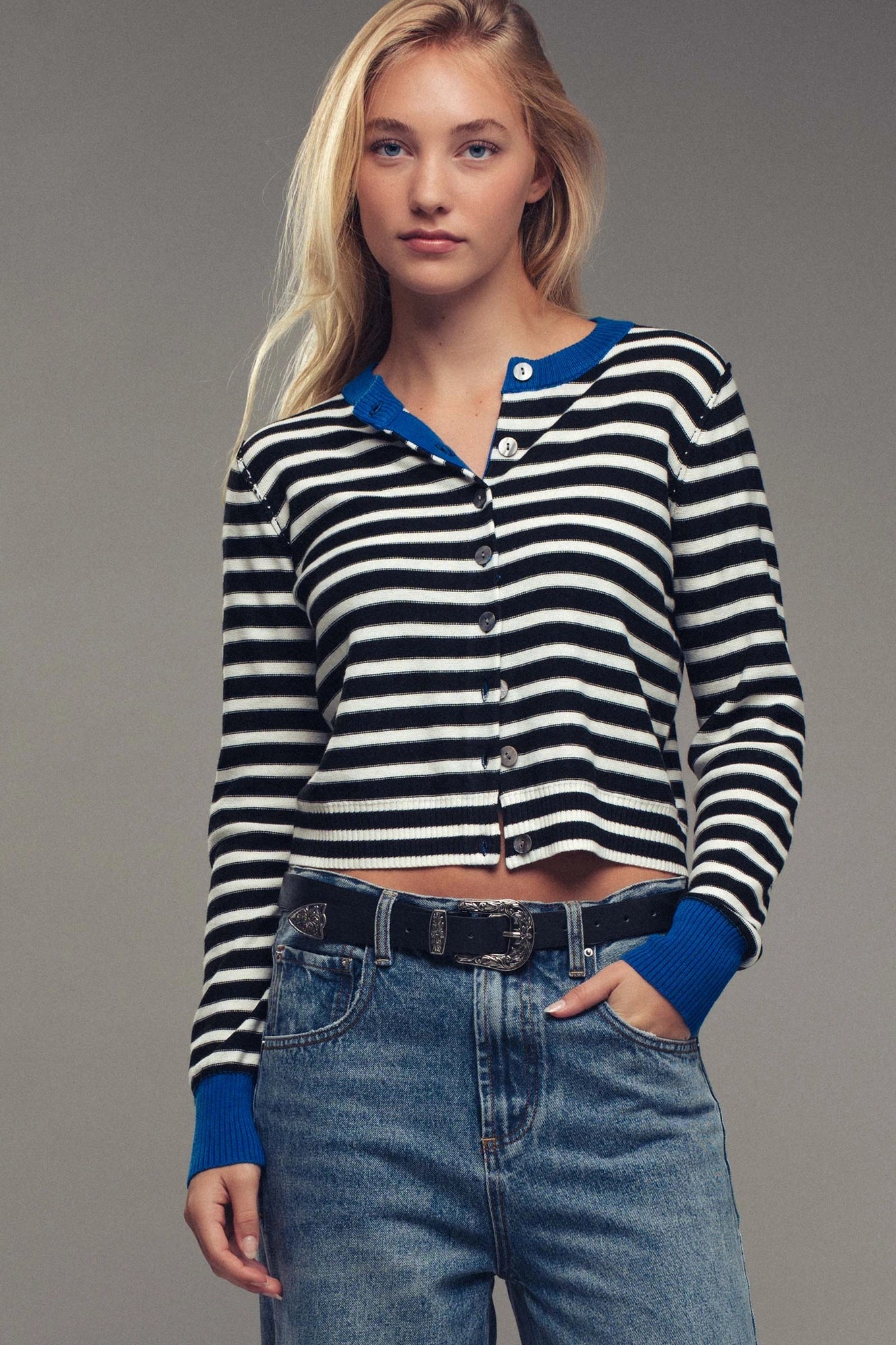 Striped Knit Button-Up Cardigan in Black