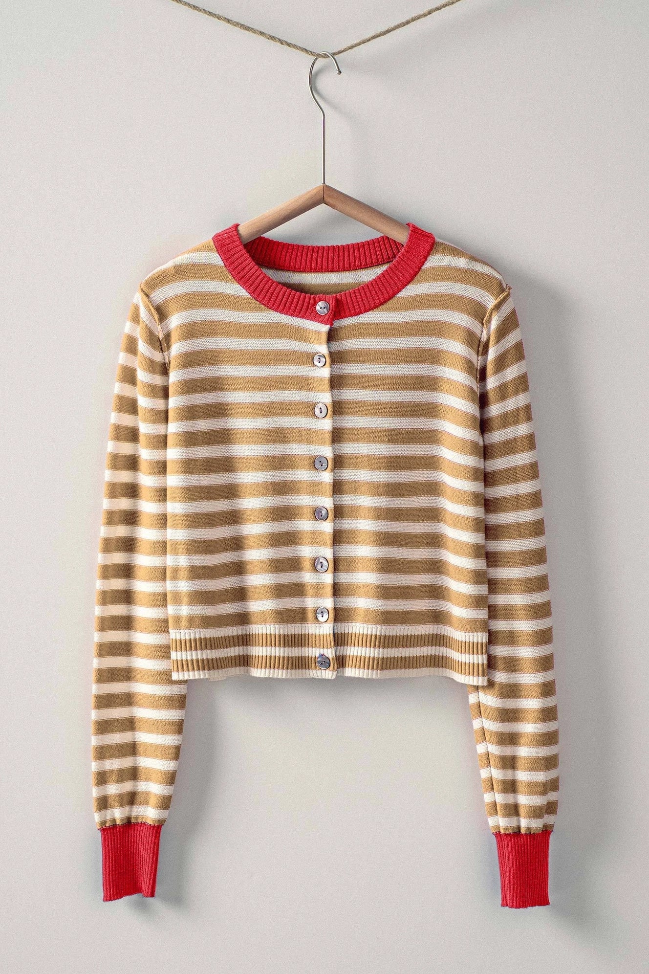 Striped Knit Button-Up Cardigan in Camel