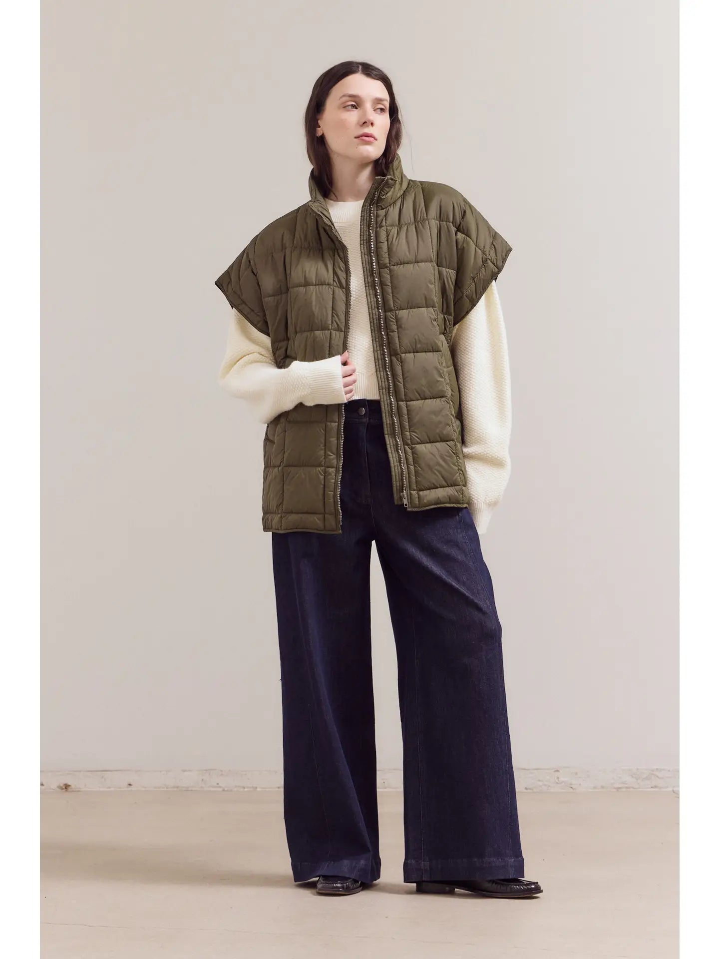 High Neck Zip Up Quilting Padded Vest in Olive