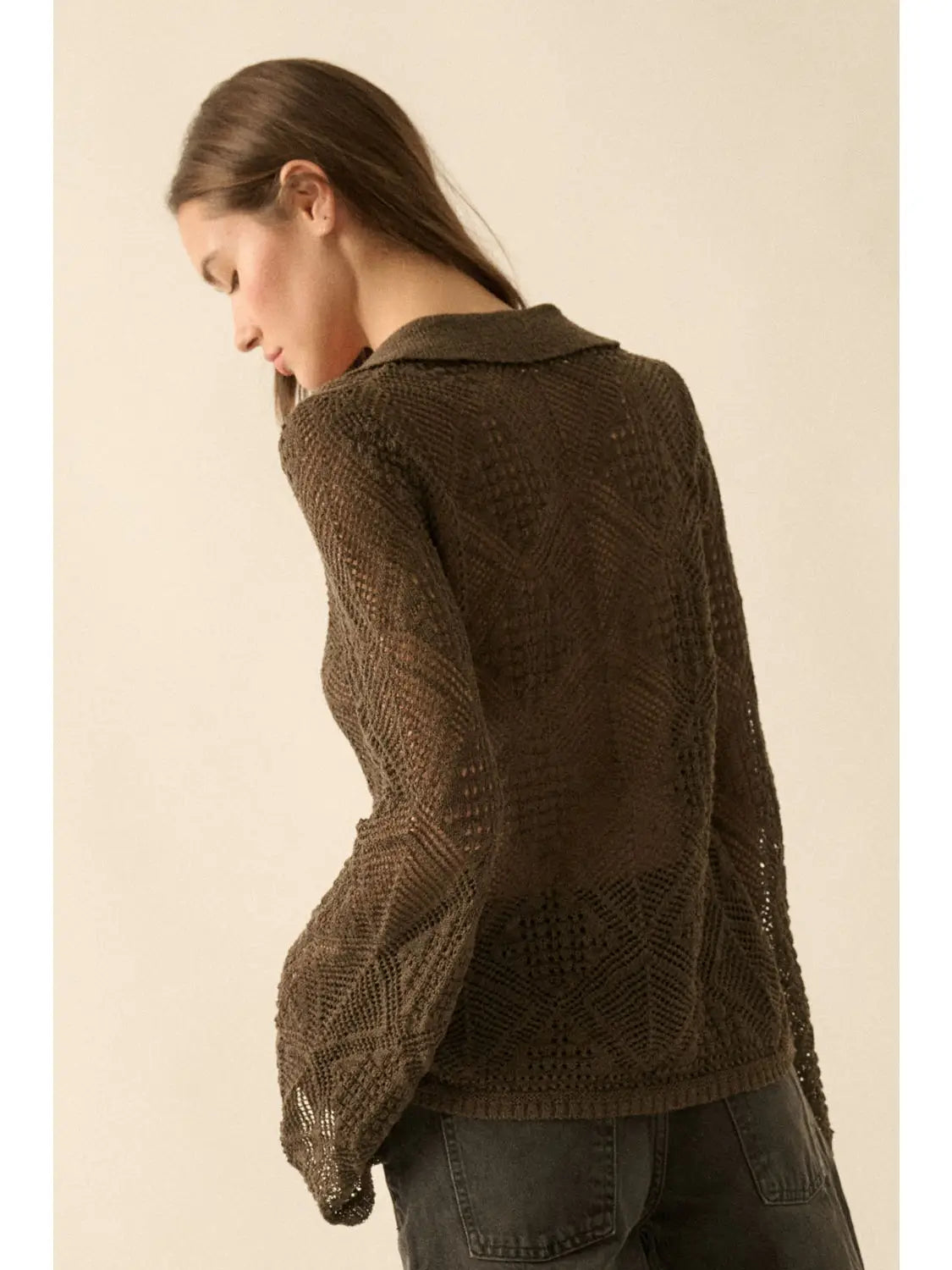 Pointelle Bell-Sleeve Cardigan