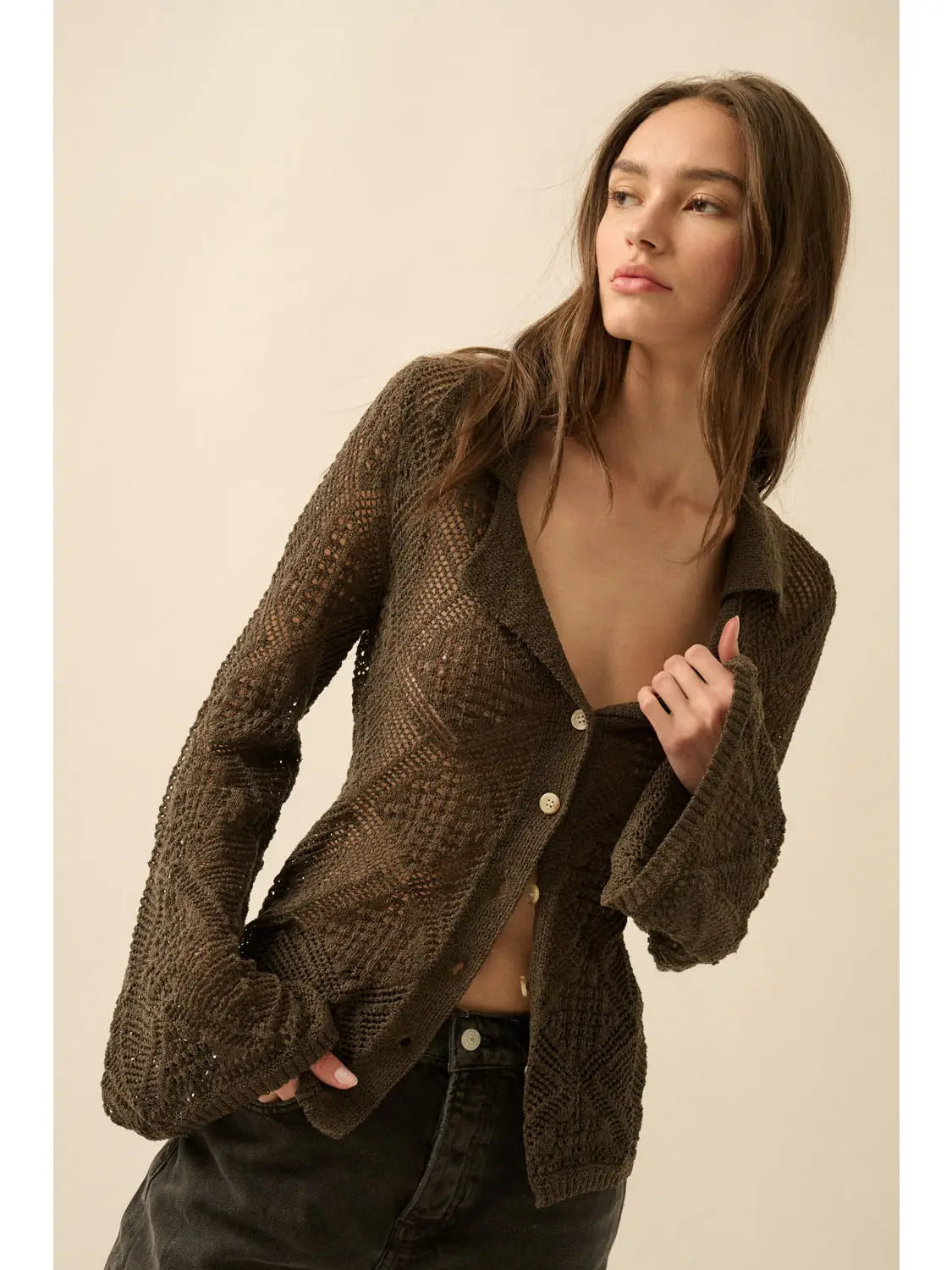 Pointelle Bell-Sleeve Cardigan
