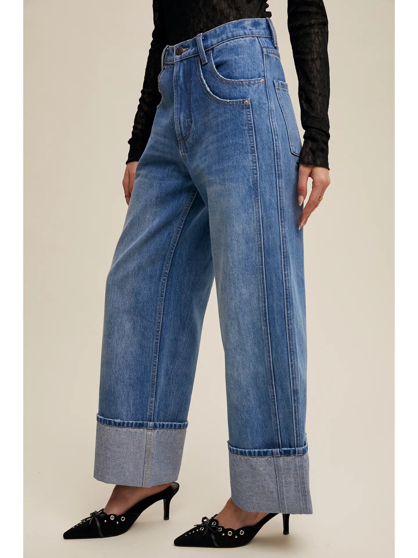 Cuffed Wide Leg Denim Pants