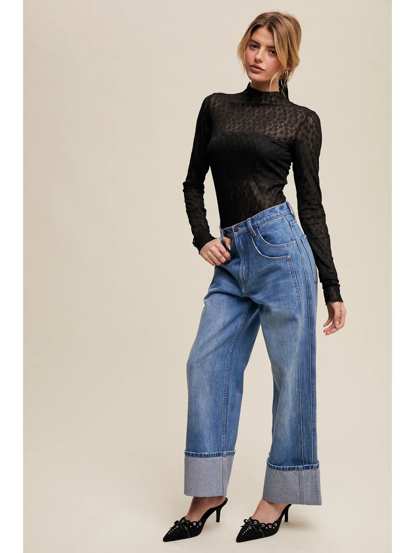 Cuffed Wide Leg Denim Pants