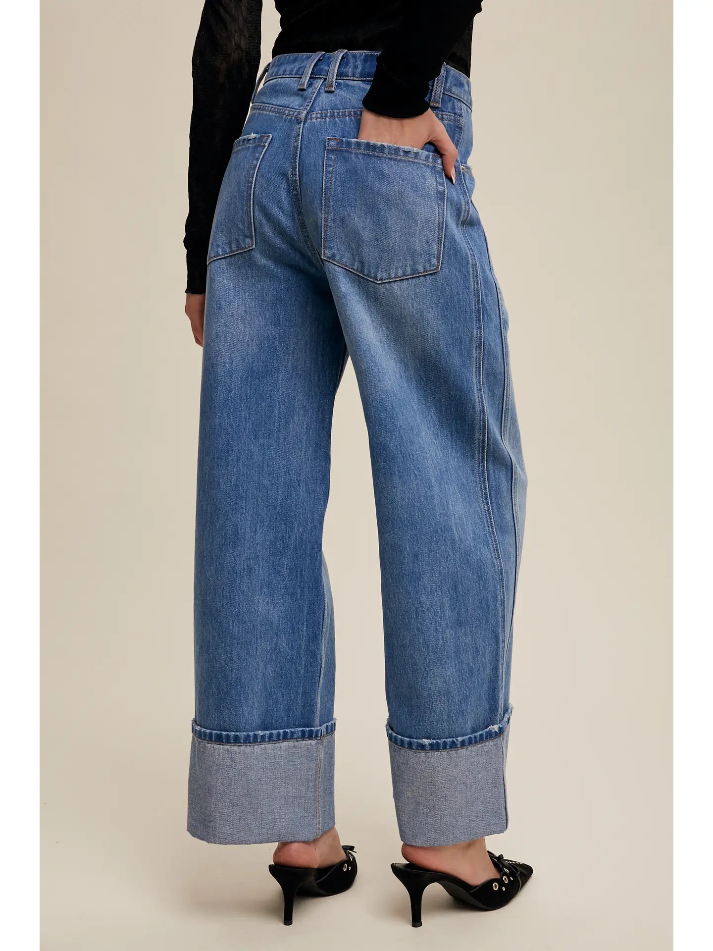 Cuffed Wide Leg Denim Pants