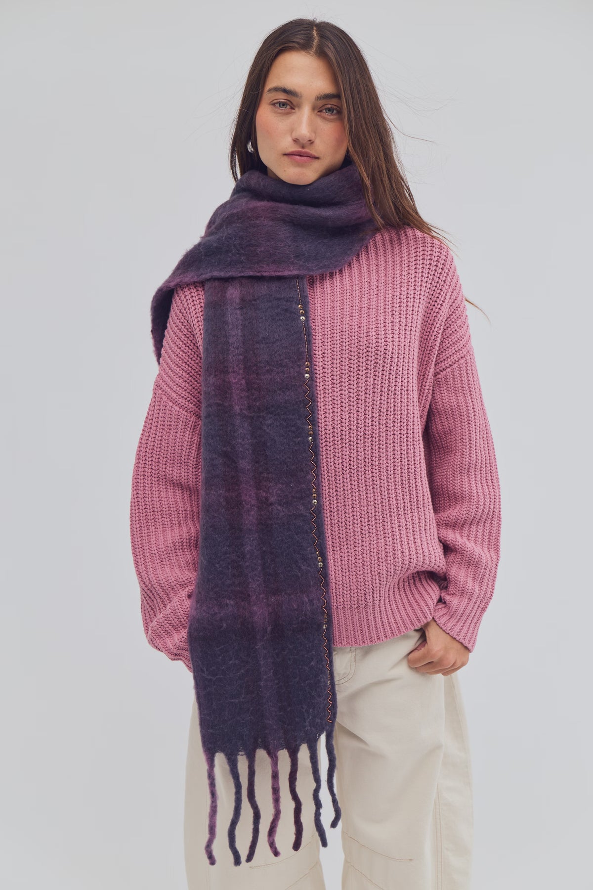 Highland Plaid Skinny Scarf - Berry Combo