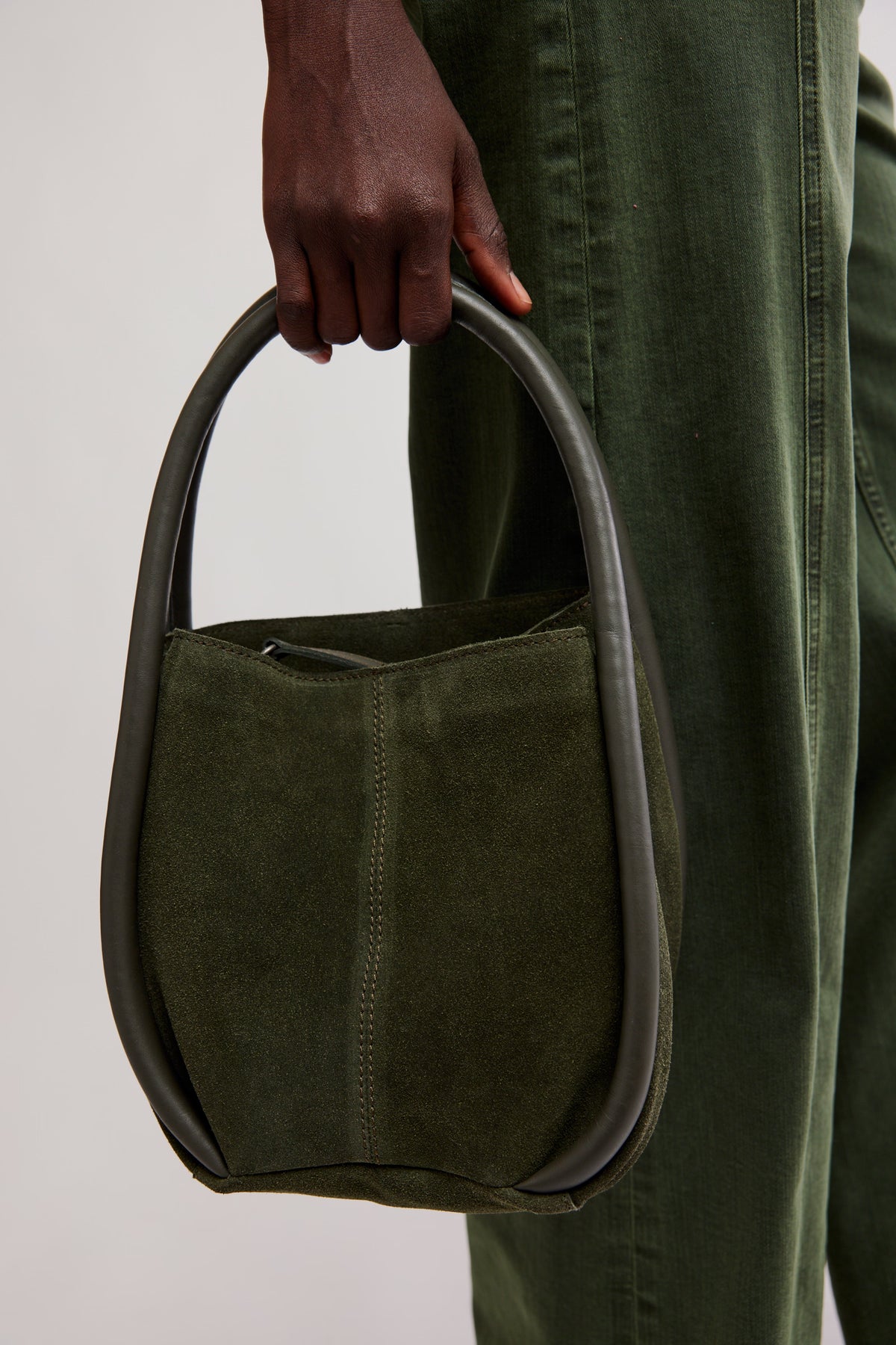 Barlow Suede Bucket Bag in Dark Olive