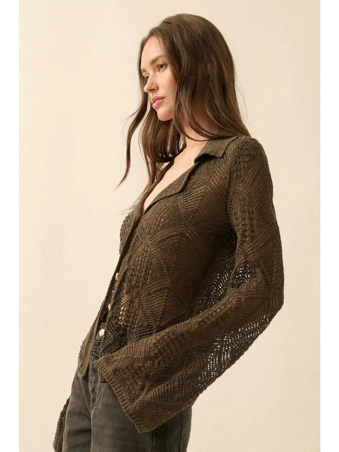 Pointelle Bell-Sleeve Cardigan