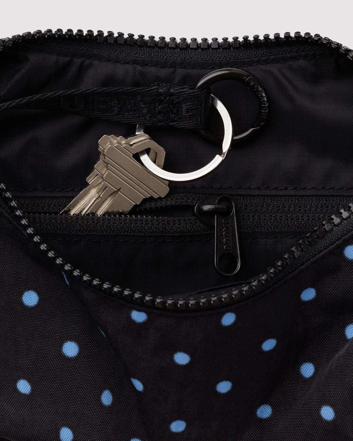 Small Nylon Crescent Bag - Black & Sky Blue Micro Dot