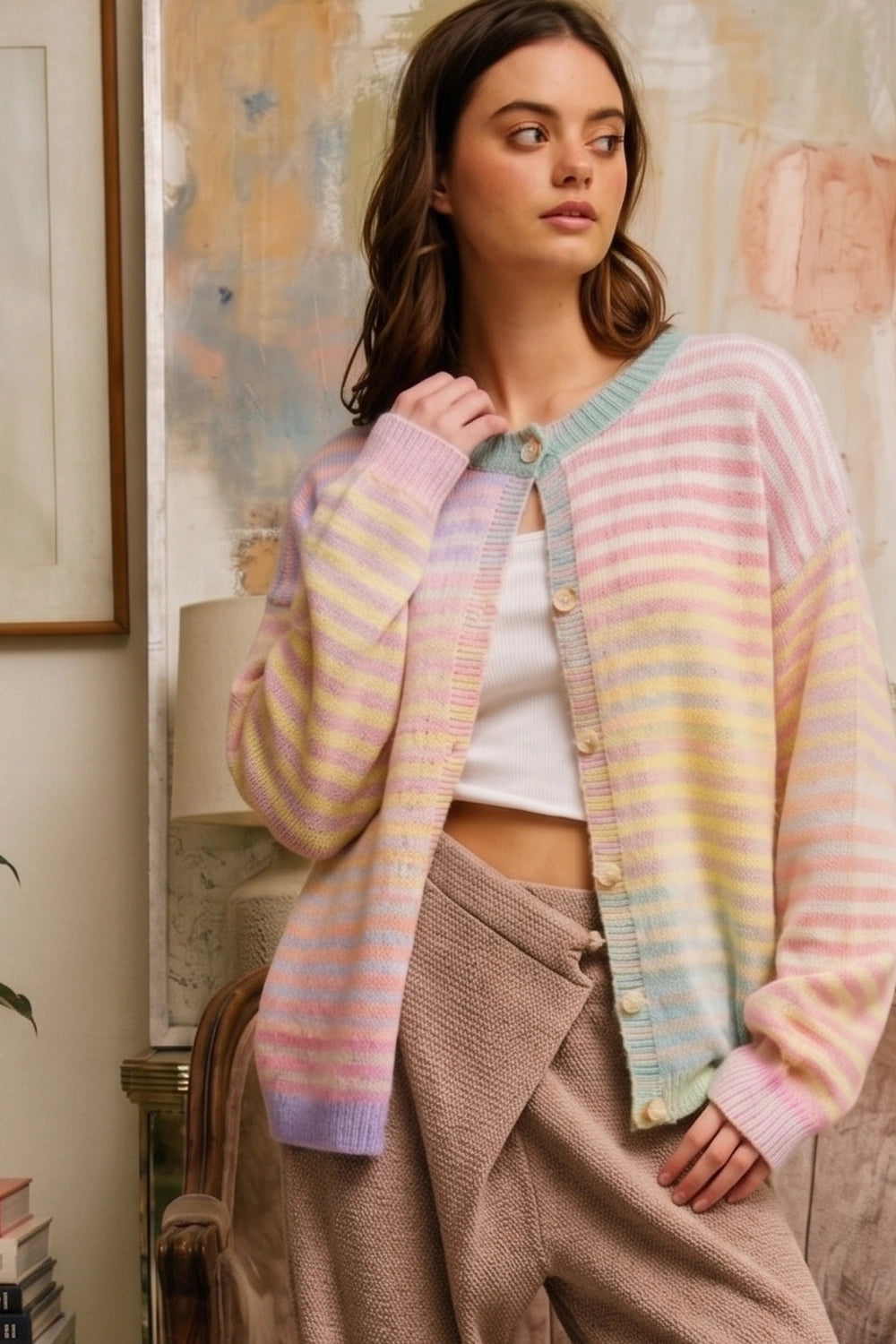 Space-Dye Striped Button-Down Cardigan