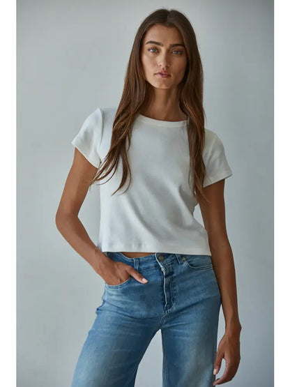 Short Sleeve Knit Crop Top in White