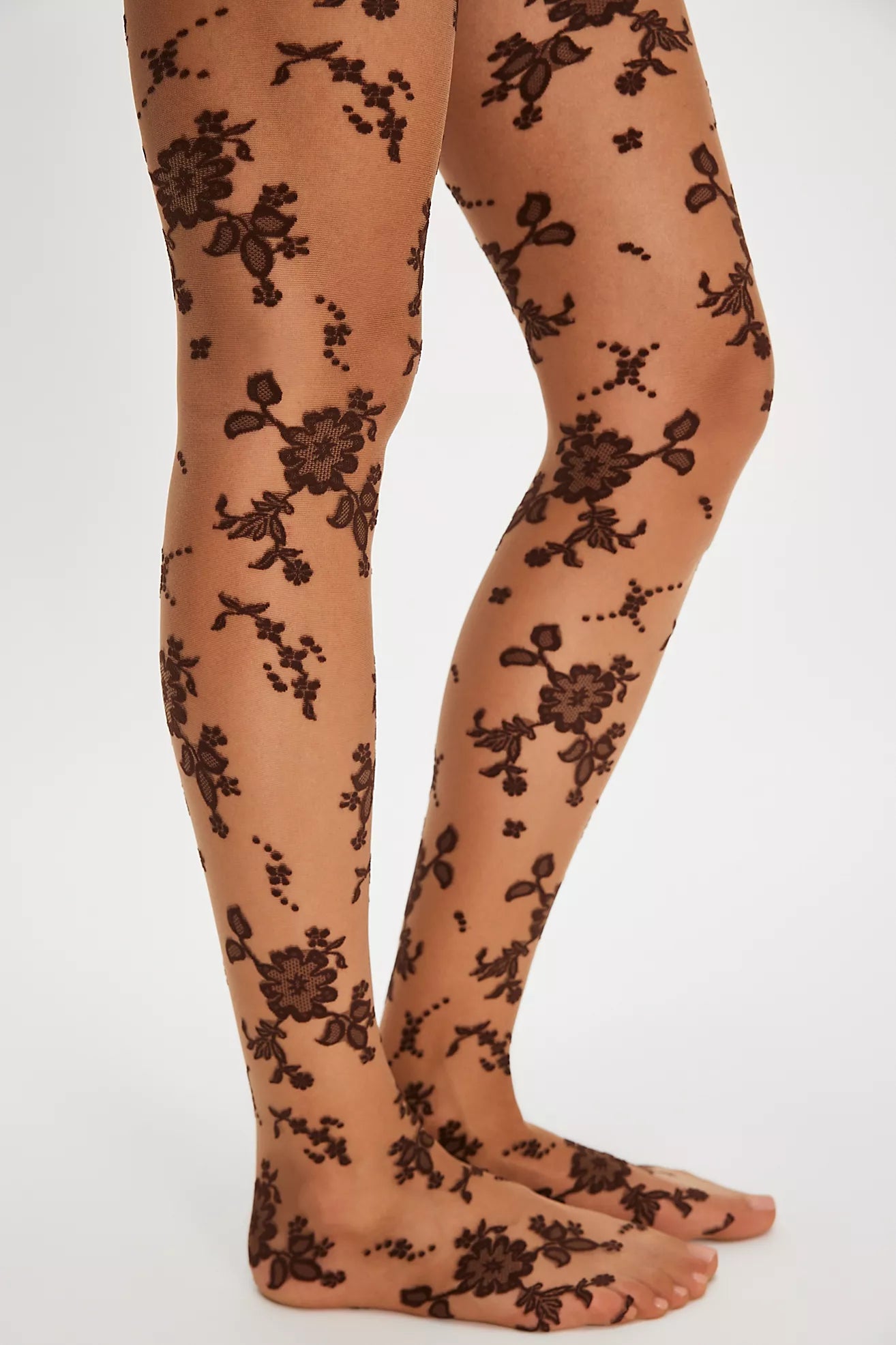 Flocked Floral Tights in Espresso