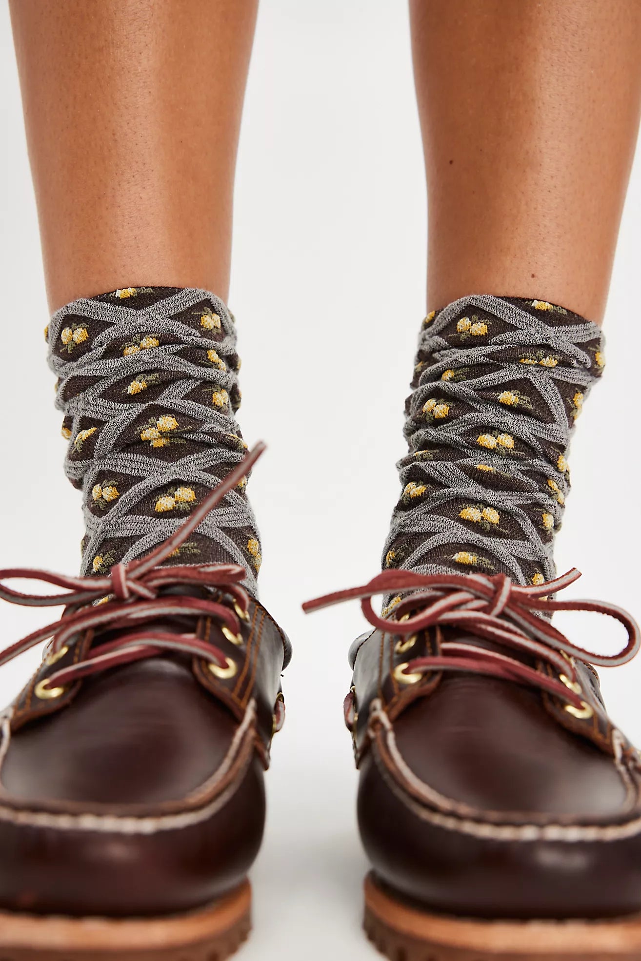 Floral Jacquard Trouser Socks in Brown