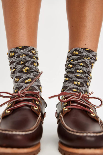 Floral Jacquard Trouser Socks in Brown
