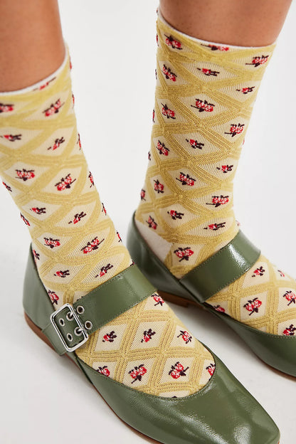Floral Jacquard Trouser Socks in Yellow