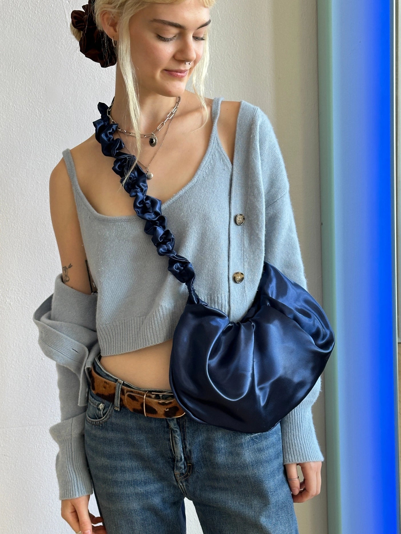 Satin Ruffle Xbody Bag in Navy