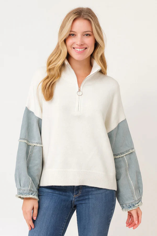Denim Sleeve Knit Half-Zip