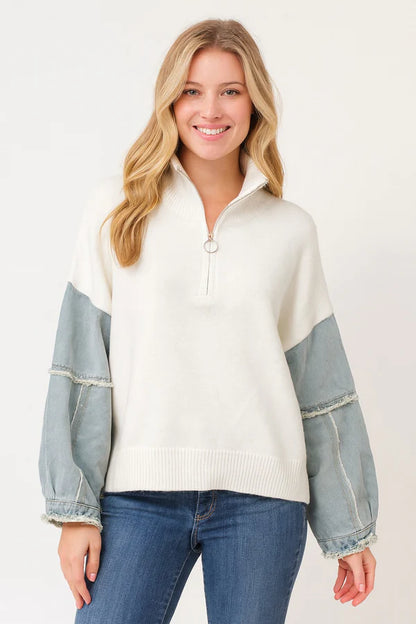 Denim Sleeve Knit Half-Zip