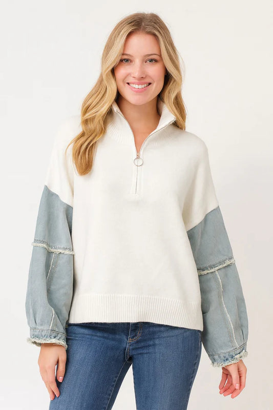 Denim Sleeve Knit Half-Zip