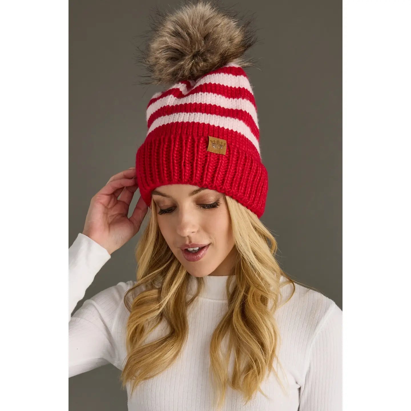 Red & Pink Striped Pom Hat
