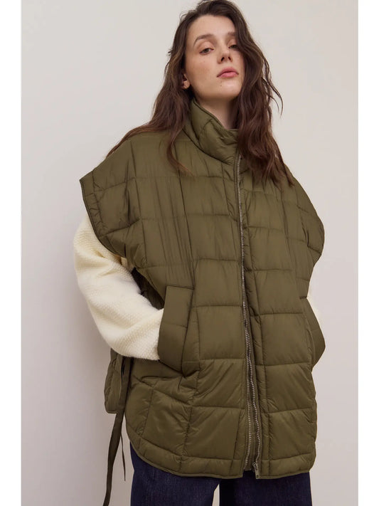 High Neck Zip Up Quilting Padded Vest in Olive