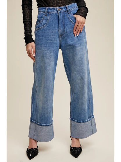 Cuffed Wide Leg Denim Pants