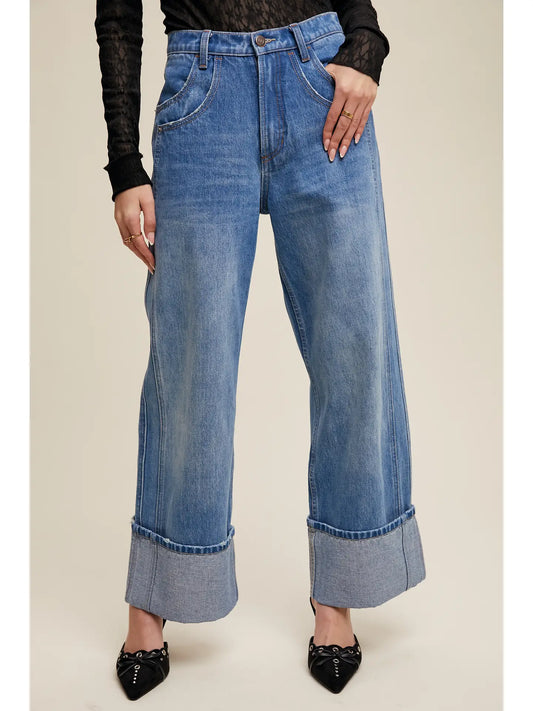 Cuffed Wide Leg Denim Pants