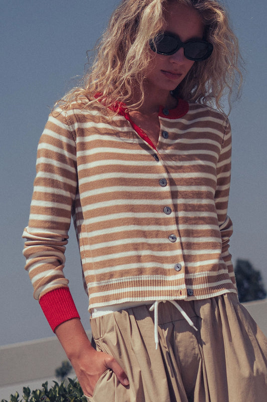 Striped Knit Button-Up Cardigan in Camel