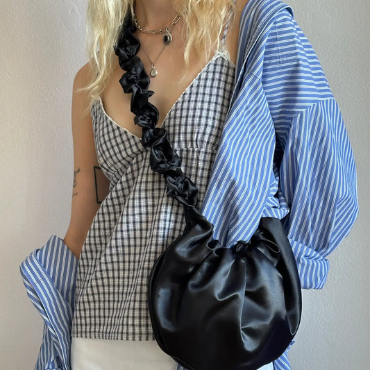 Satin Ruffle Xbody Bag in Black