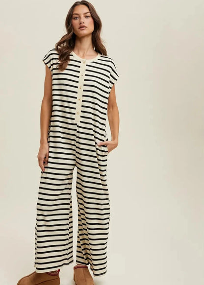 Striped Wide Leg Button-Up Jumpsuit