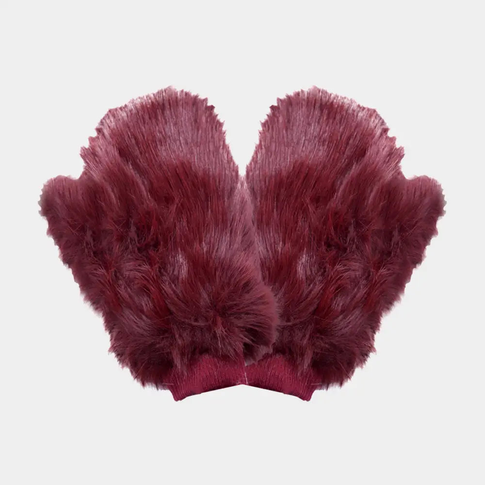 Faux Fur Mittens - Burgundy