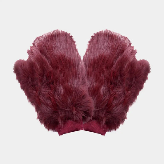 Faux Fur Mittens - Burgundy