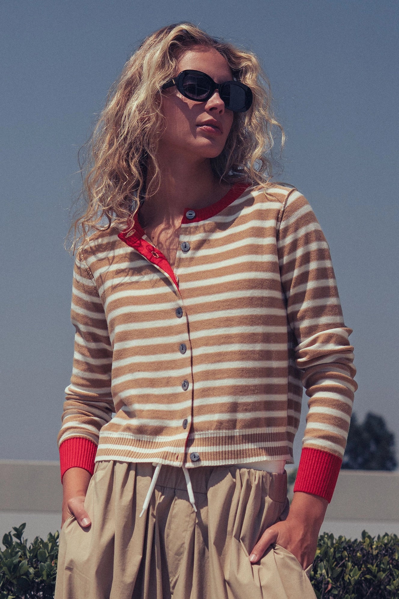 Striped Knit Button-Up Cardigan in Camel