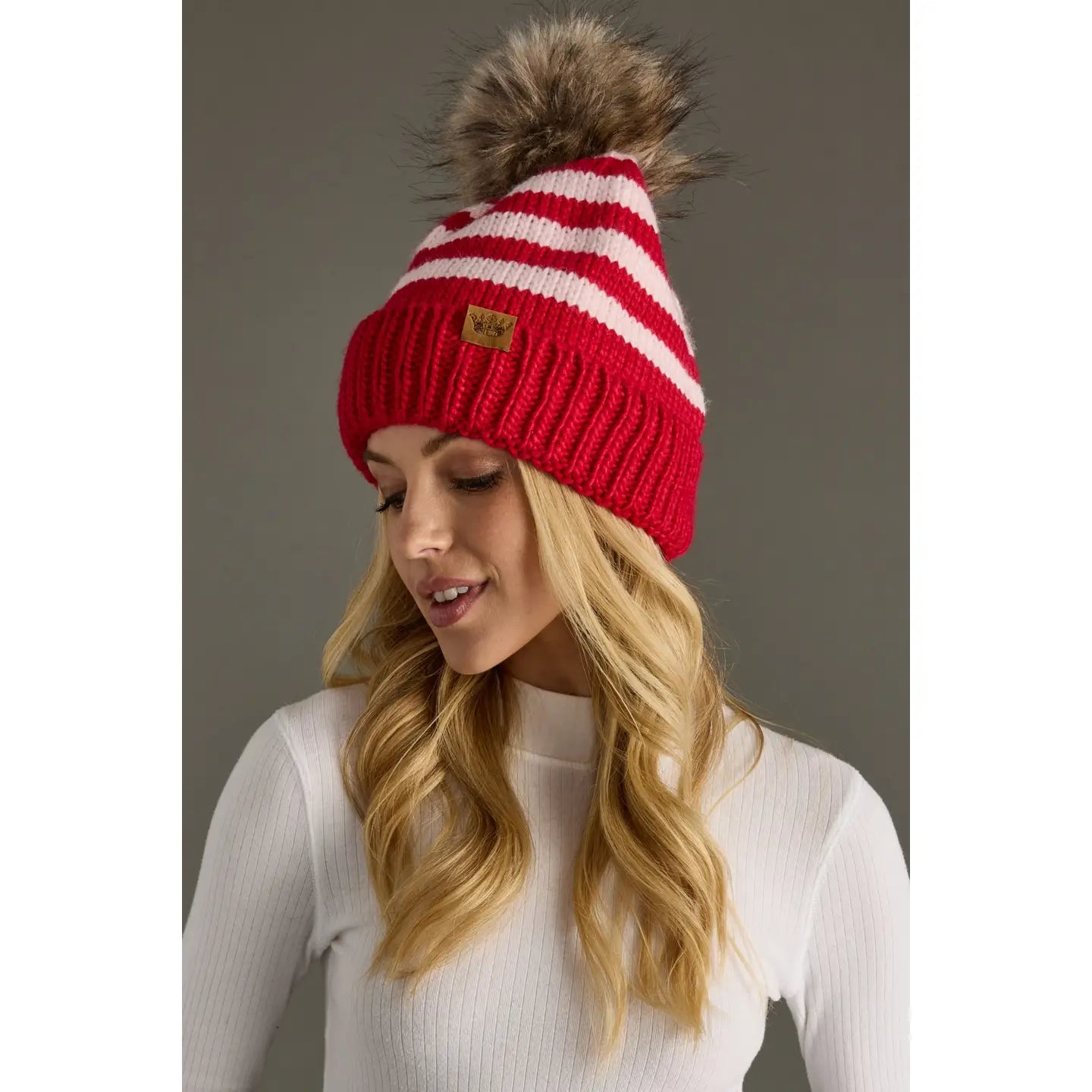Red & Pink Striped Pom Hat