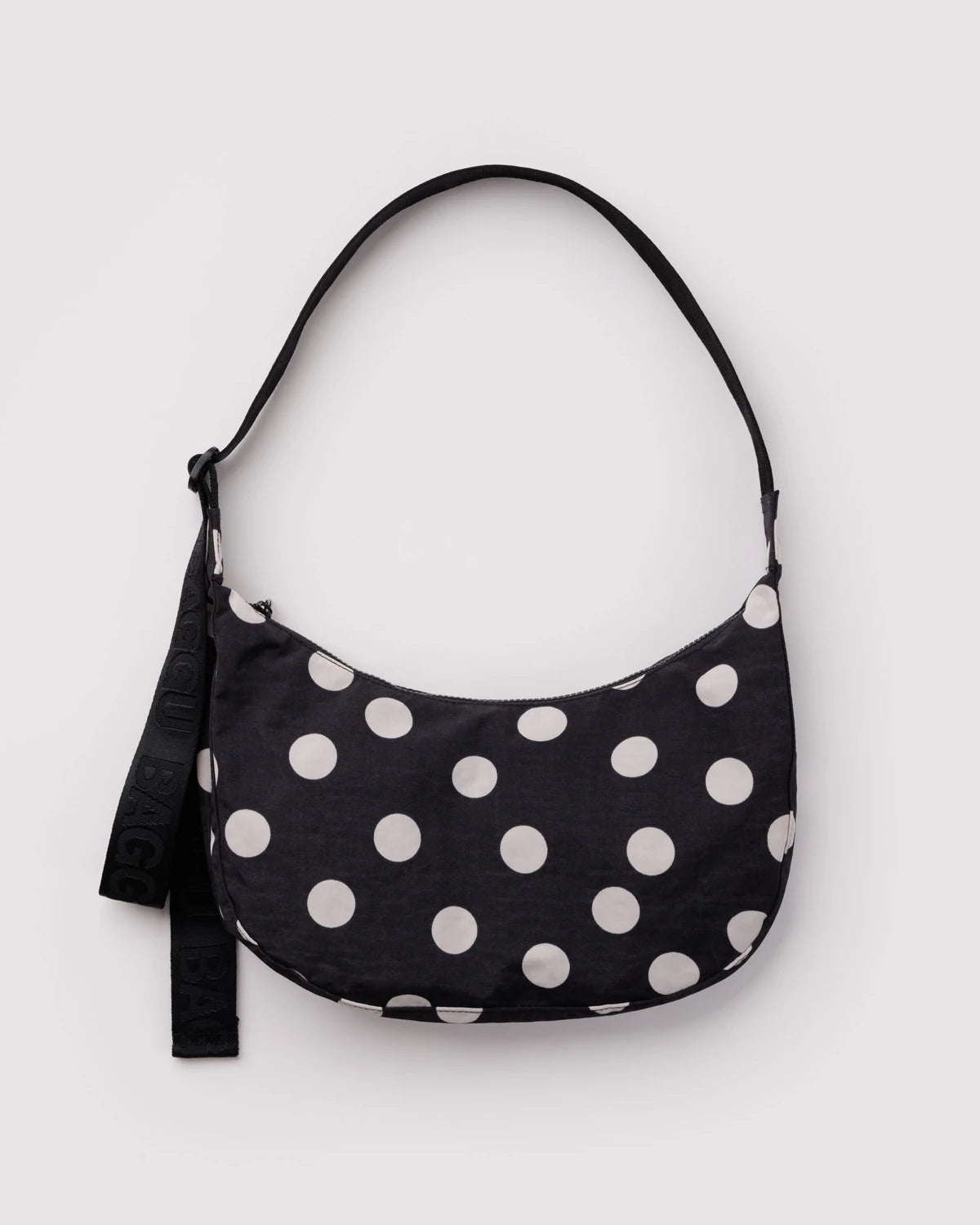 Medium Nylon Crescent Bag - Black & Cream Polka Dot