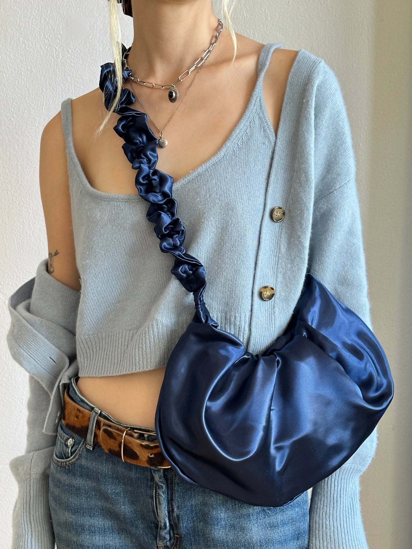 Satin Ruffle Xbody Bag in Navy