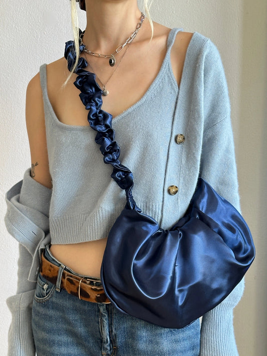 Satin Ruffle Xbody Bag in Navy
