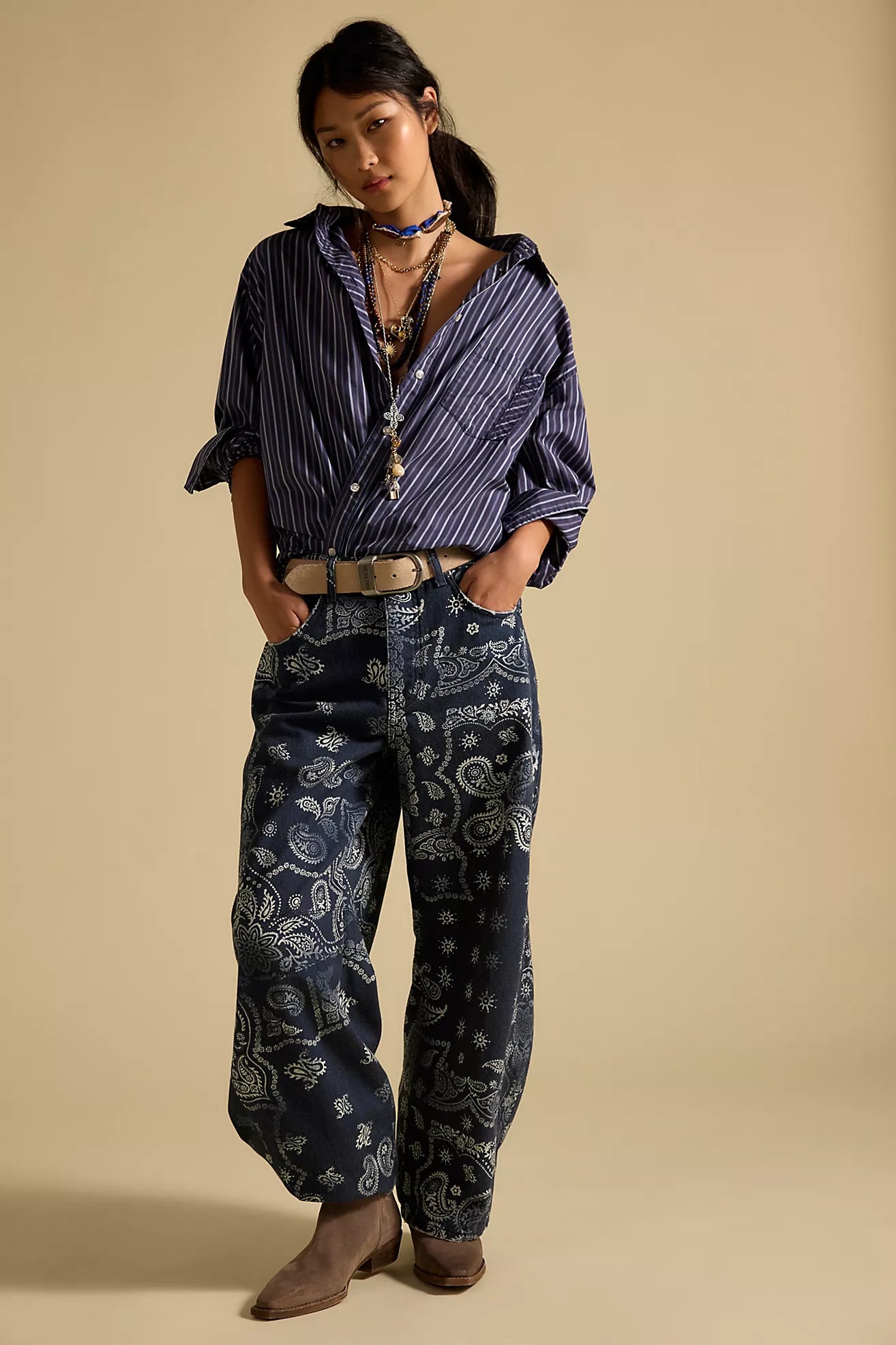 Good Luck Printed Barrel Jeans in Navy Bandana