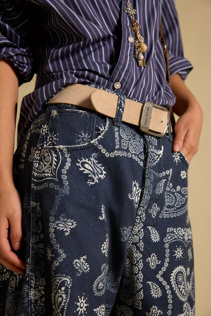 Good Luck Printed Barrel Jeans in Navy Bandana
