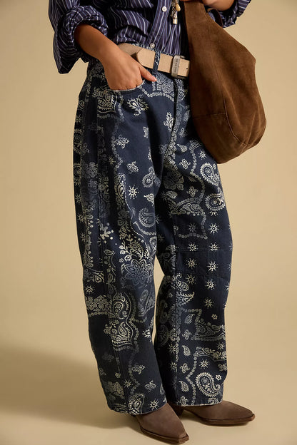 Good Luck Printed Barrel Jeans in Navy Bandana