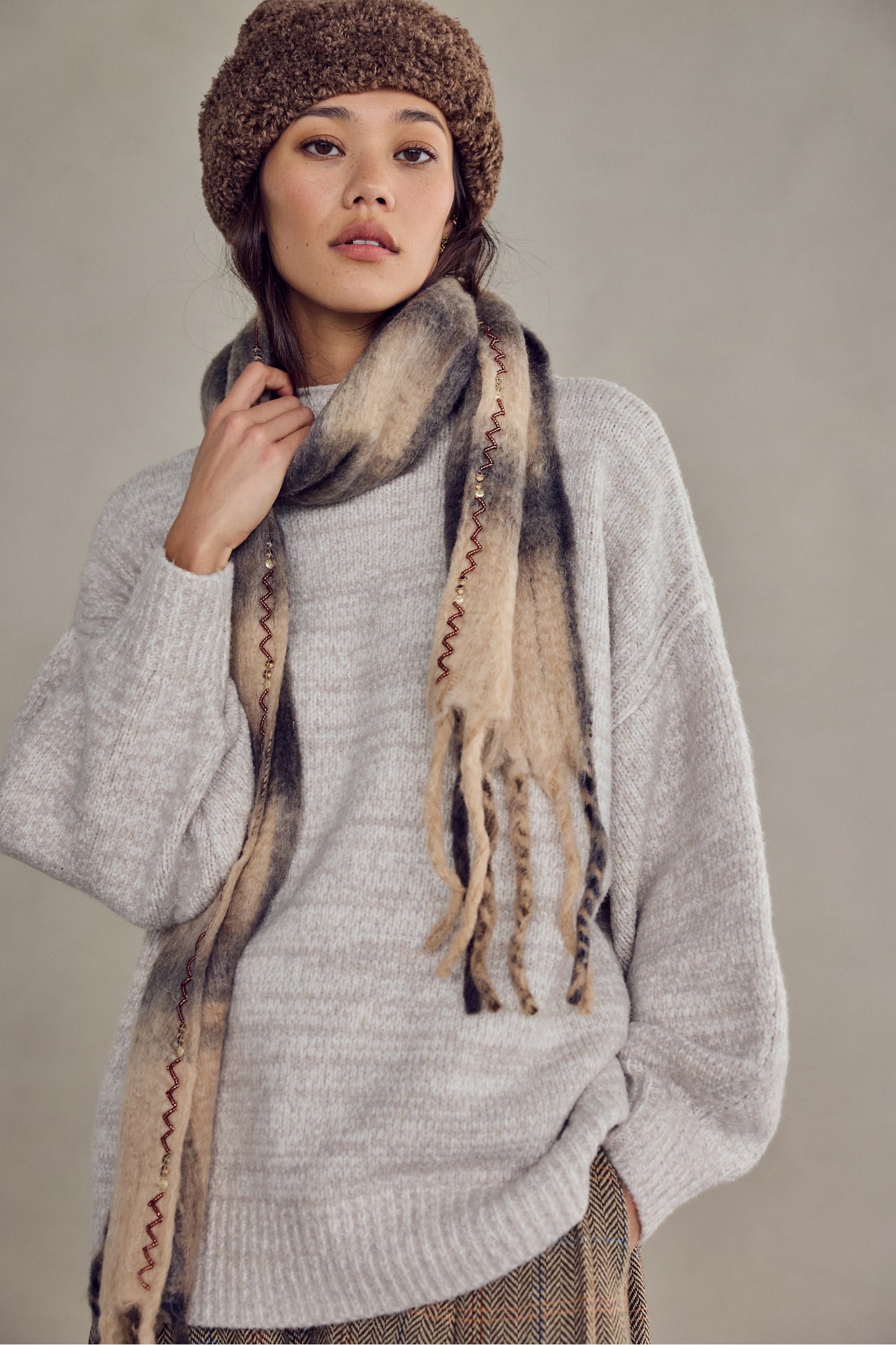 Highland Plaid Skinny Scarf in Neutral Combo