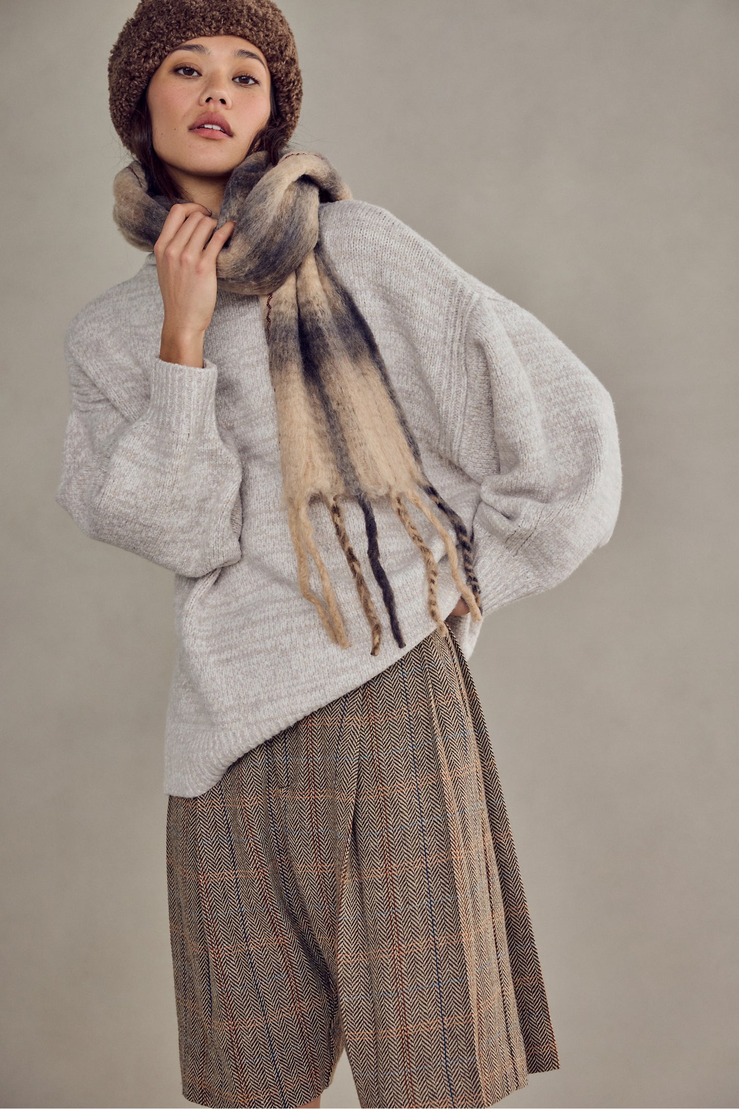 Highland Plaid Skinny Scarf in Neutral Combo