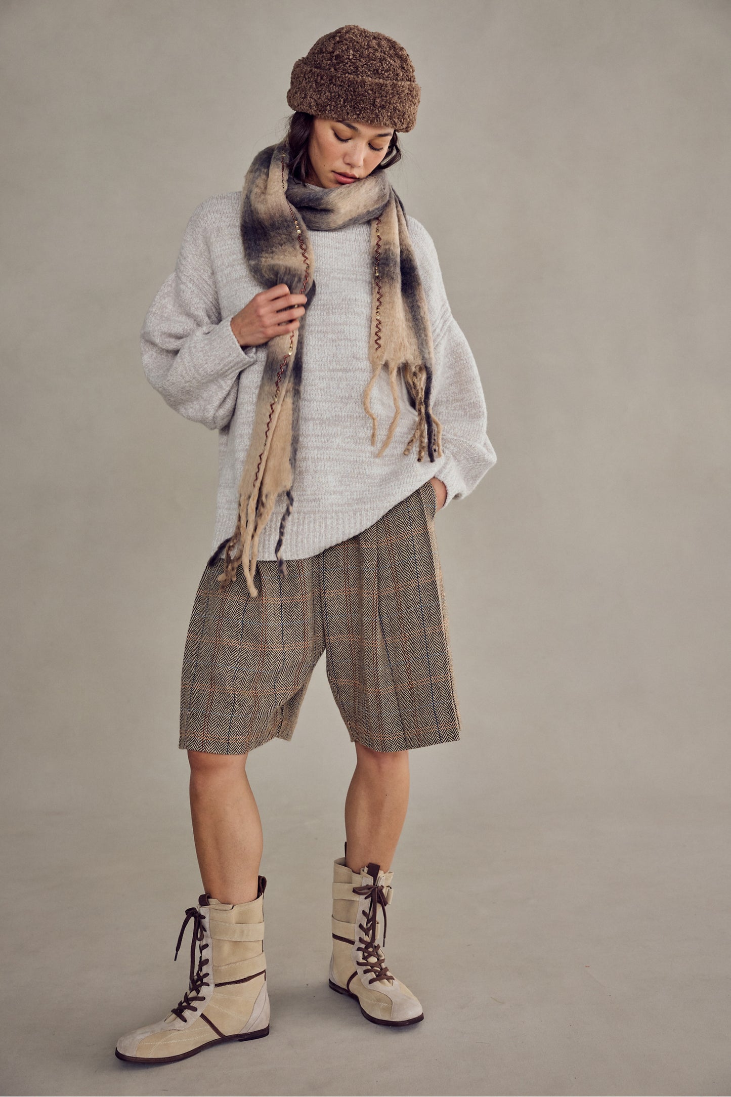 Highland Plaid Skinny Scarf in Neutral Combo