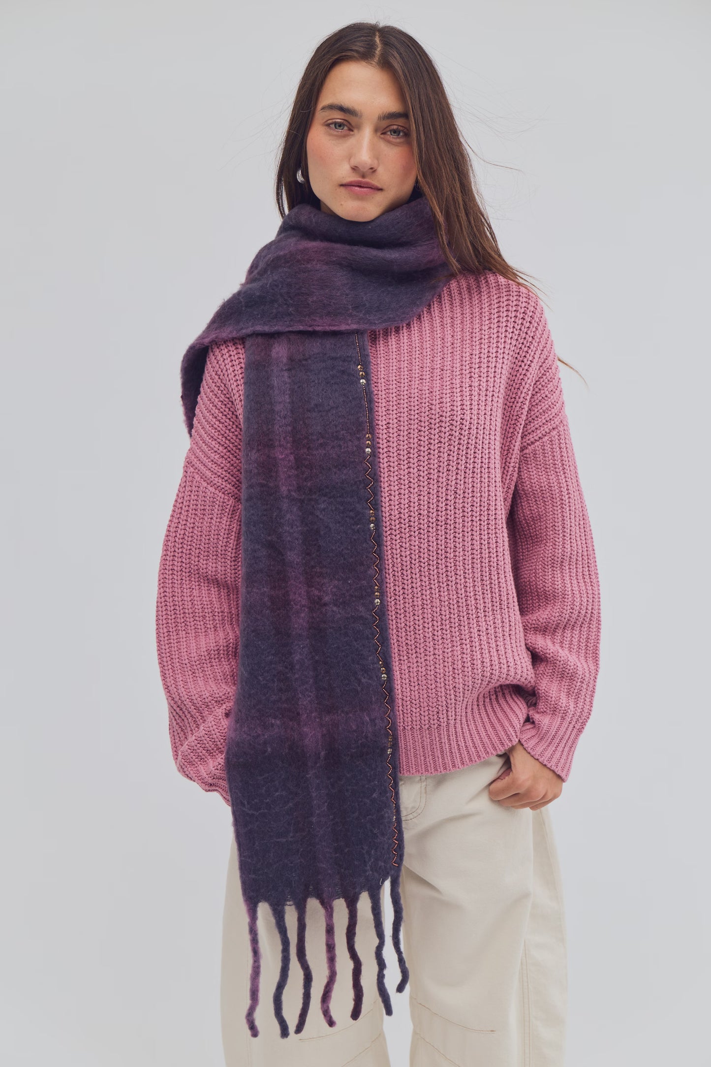 Highland Plaid Skinny Scarf in Berry Combo