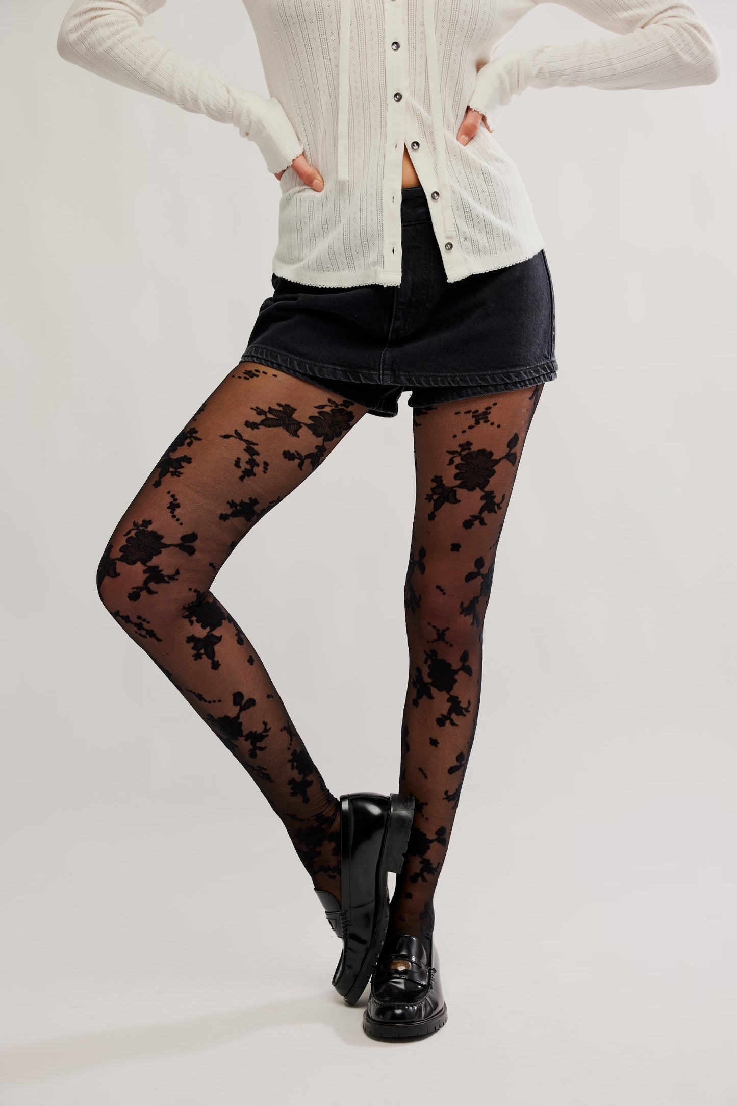 Flocked Floral Tights in Black