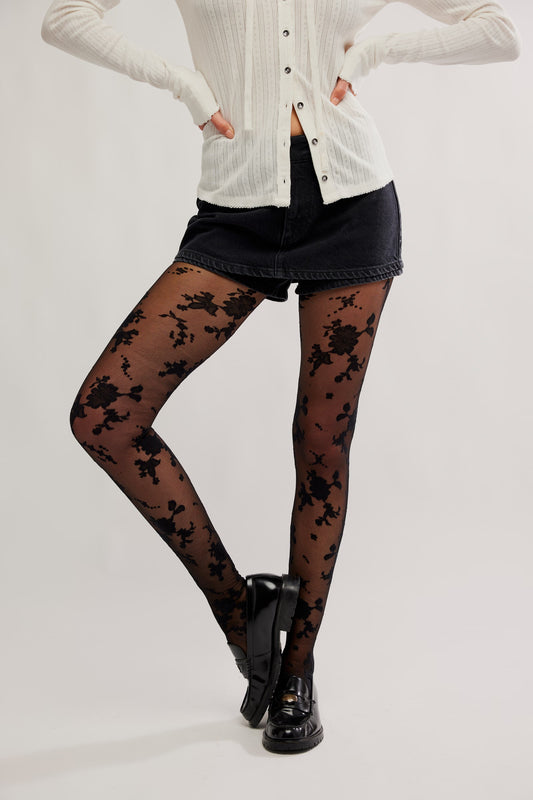 Flocked Floral Tights - Black