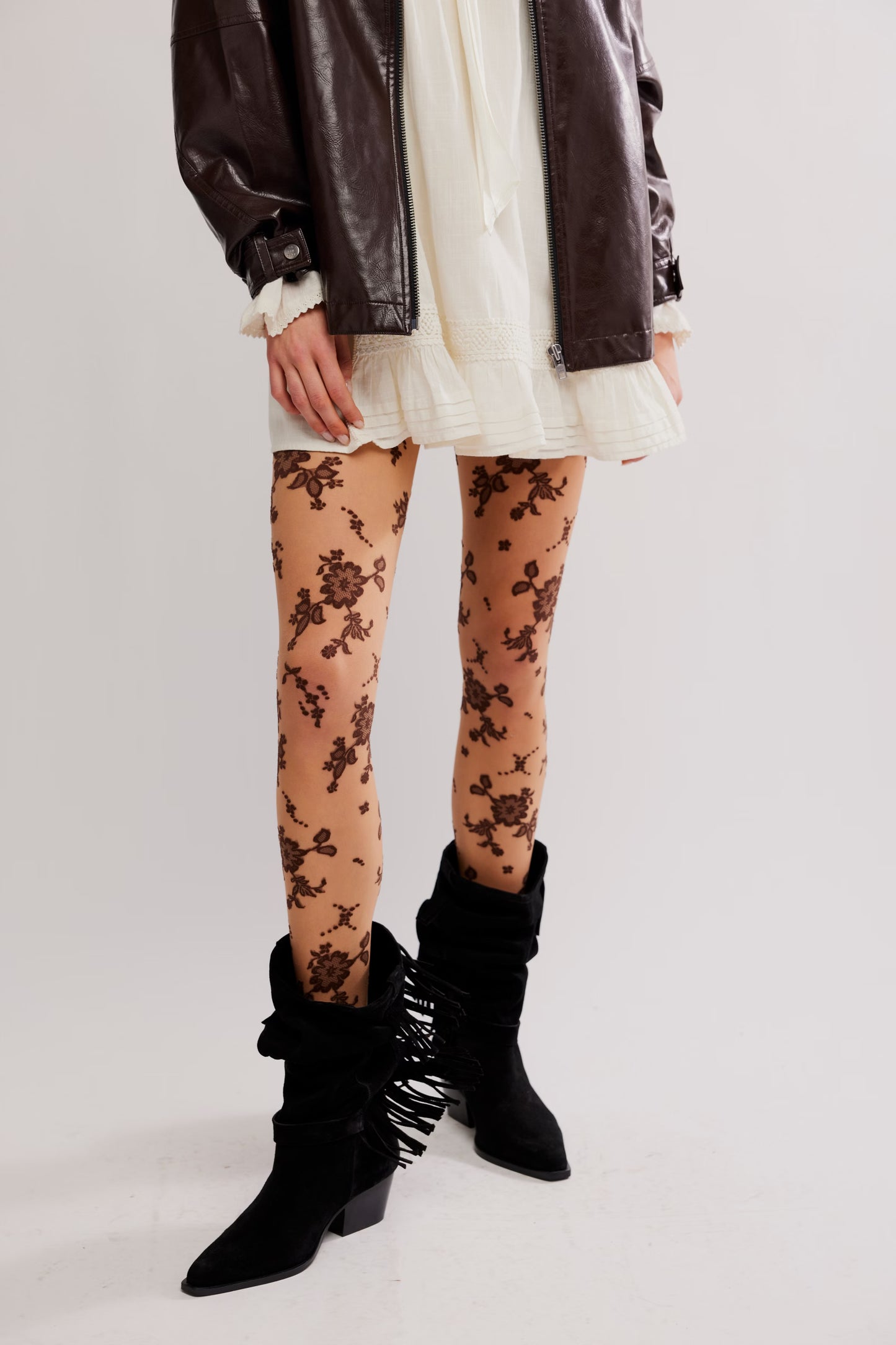 Flocked Floral Tights in Espresso