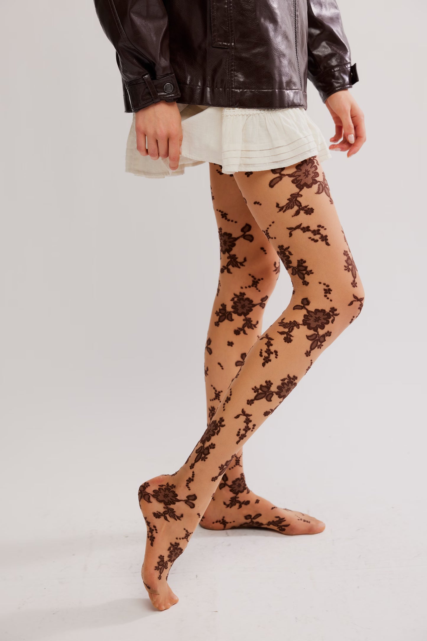 Flocked Floral Tights in Espresso
