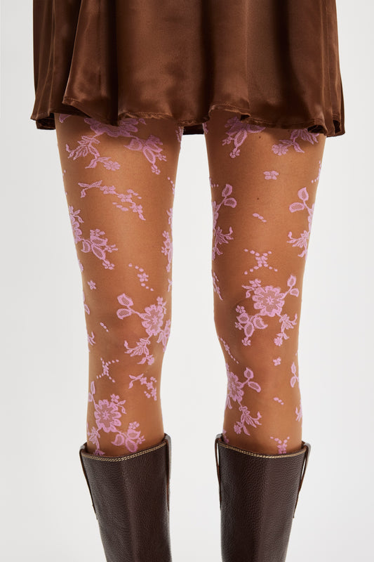 Flocked Floral Tights - Pink