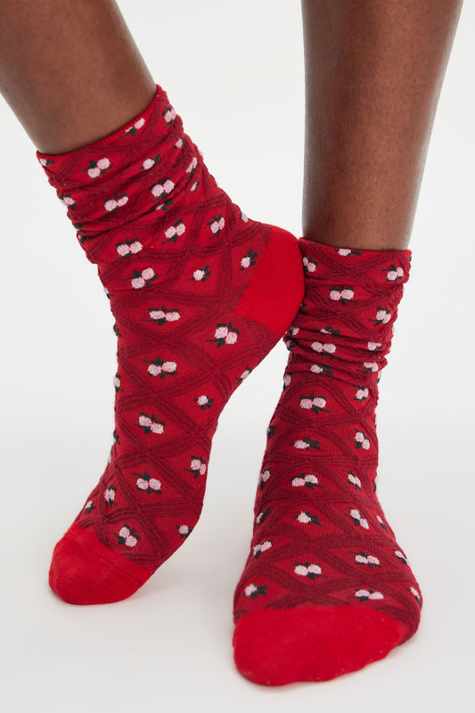 Floral Jacquard Trouser Socks - Red
