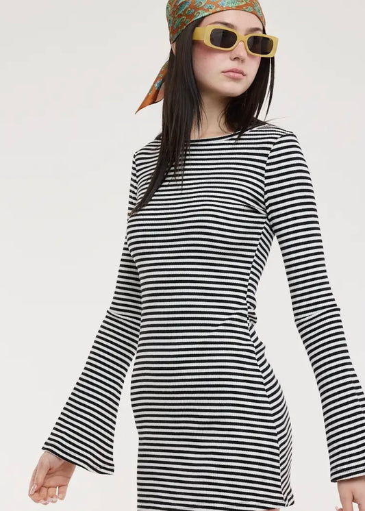 Flare Sleeve Striped Mini Dress